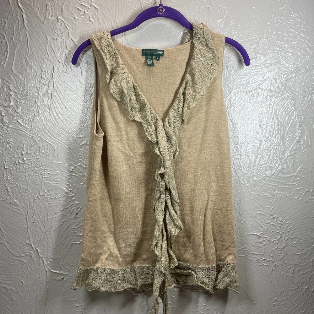 Ralph Lauren Beige Linen Knit Romantic Silk Lace Trim Blouse Shirt Top Sz Medium